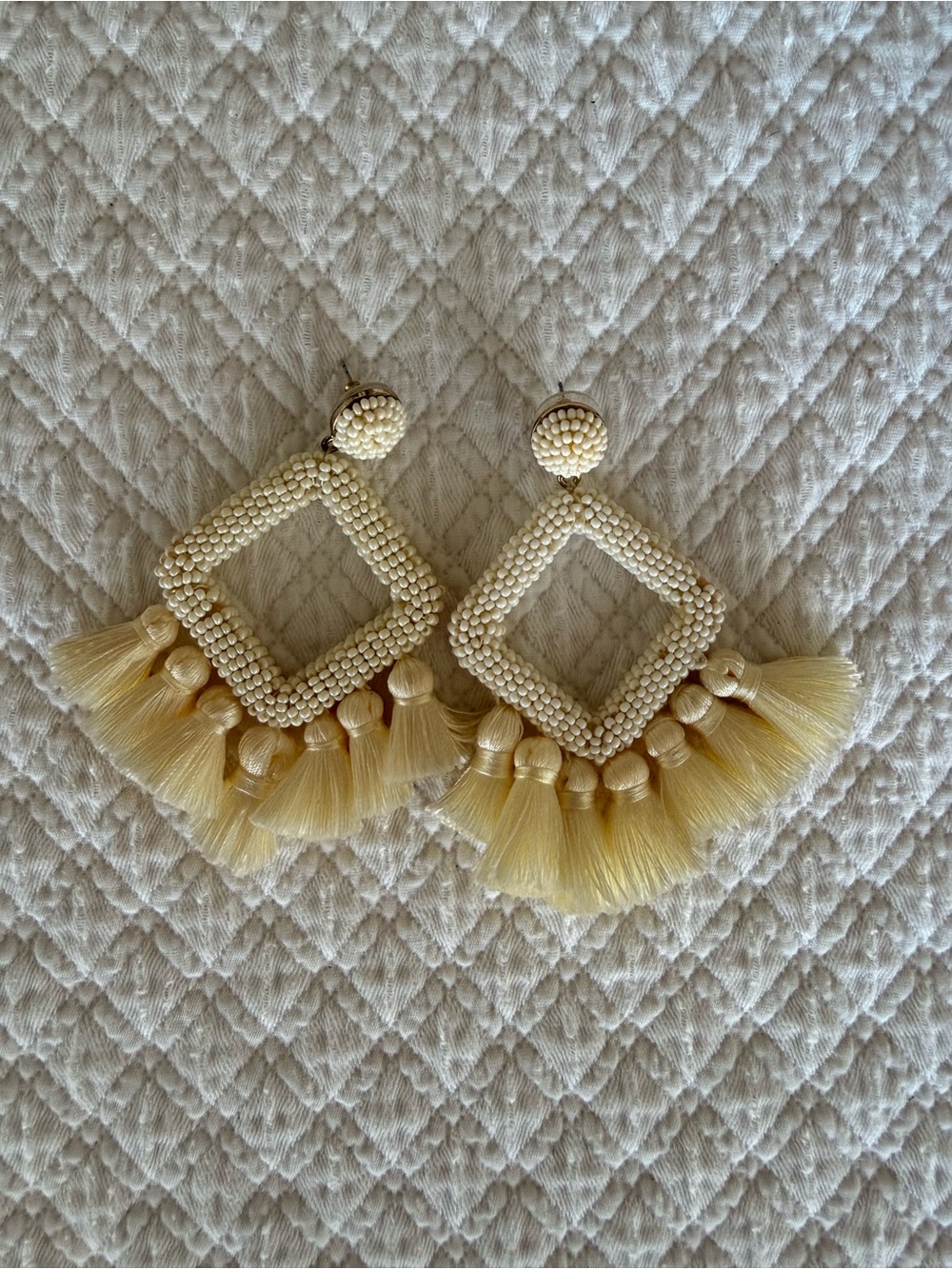 Anthropologie Cream Beaded Square Tassel Earrings
